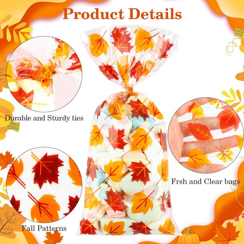BOEIAC Thanksgiving Treat Bags 100 Pcs Thanksgiving Fall Cellophane Treat Bags  Plastic Autumn Maple Leaves Pumpkin Candy Goodie Bags with Twist Ties for Thanksgiving Fall Theme Party Favor - Image 4